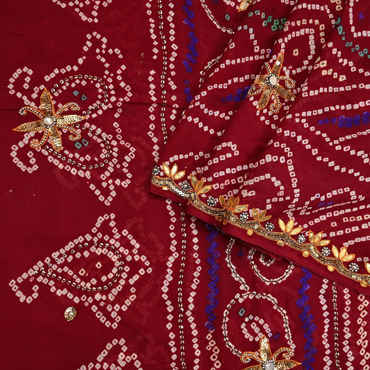 Indian Vintage Red Saree Pure Silk Hand Embroidered Bandhani Printed Sari Craft Fabric 5yd Soft Sequins Dress making Crafting Quilting