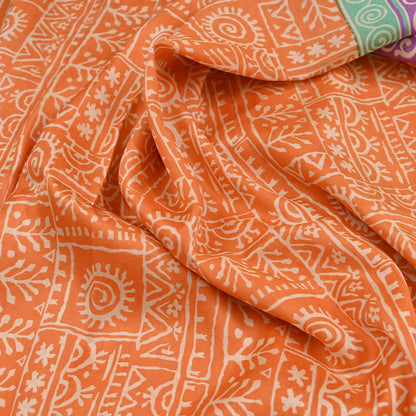 Indian Vintage Sari Orange & Purple Pure Silk warli Printed Saree 5yd Sewing Paisley Craft Fabric DressMaking Soft Used Upcycled