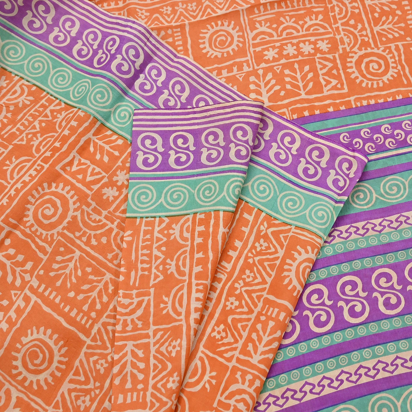 Indian Vintage Sari Orange & Purple Pure Silk warli Printed Saree 5yd Sewing Paisley Craft Fabric DressMaking Soft Used Upcycled