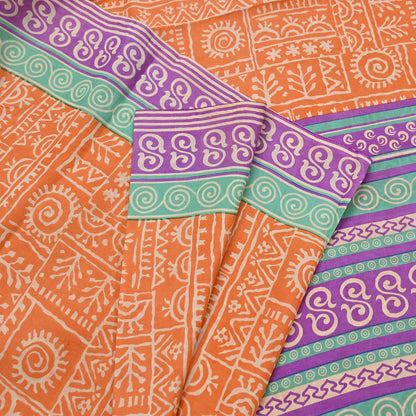 Indian Vintage Sari Orange & Purple Pure Silk warli Printed Saree 5yd Sewing Paisley Craft Fabric DressMaking Soft Used Upcycled