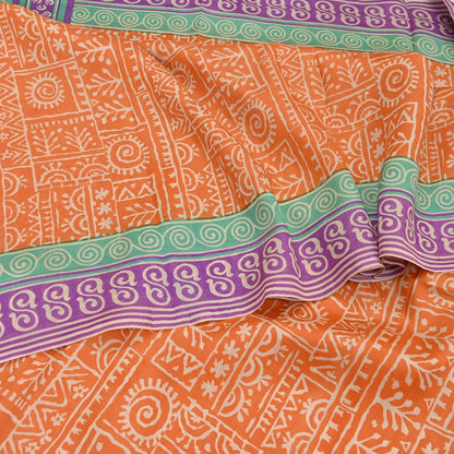 Indian Vintage Sari Orange & Purple Pure Silk warli Printed Saree 5yd Sewing Paisley Craft Fabric DressMaking Soft Used Upcycled
