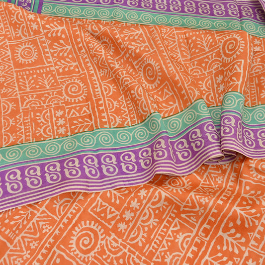 Indian Vintage Sari Orange & Purple Pure Silk warli Printed Saree 5yd Sewing Paisley Craft Fabric DressMaking Soft Used Upcycled