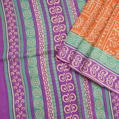 Indian Vintage Sari Orange & Purple Pure Silk warli Printed Saree 5yd Sewing Paisley Craft Fabric DressMaking Soft Used Upcycled
