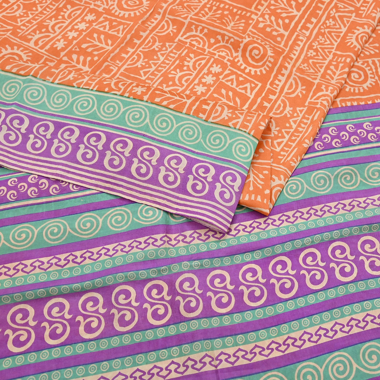 Indian Vintage Sari Orange & Purple Pure Silk warli Printed Saree 5yd Sewing Paisley Craft Fabric DressMaking Soft Used Upcycled