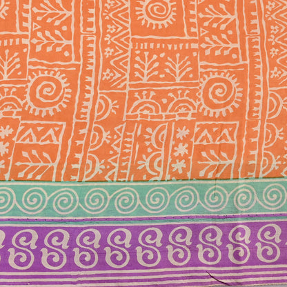 Indian Vintage Sari Orange & Purple Pure Silk warli Printed Saree 5yd Sewing Paisley Craft Fabric DressMaking Soft Used Upcycled