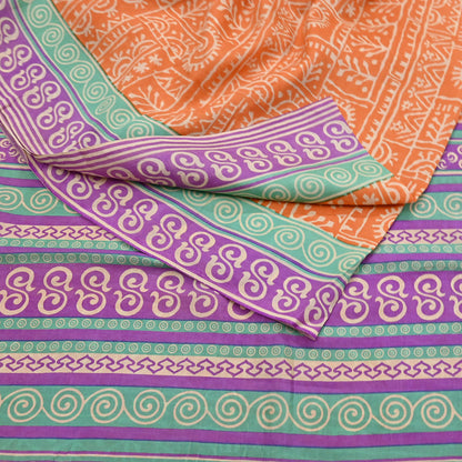 Indian Vintage Sari Orange & Purple Pure Silk warli Printed Saree 5yd Sewing Paisley Craft Fabric DressMaking Soft Used Upcycled