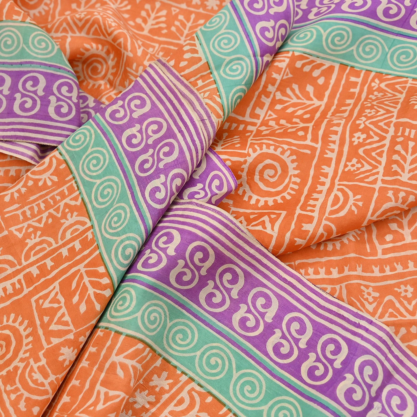 Indian Vintage Sari Orange & Purple Pure Silk warli Printed Saree 5yd Sewing Paisley Craft Fabric DressMaking Soft Used Upcycled