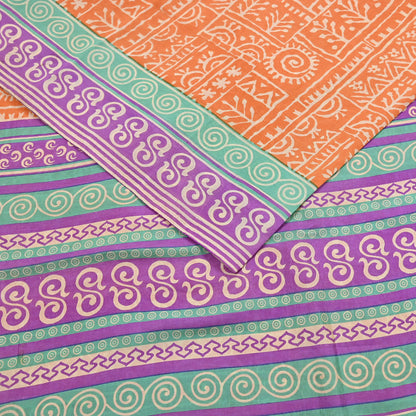 Indian Vintage Sari Orange & Purple Pure Silk warli Printed Saree 5yd Sewing Paisley Craft Fabric DressMaking Soft Used Upcycled