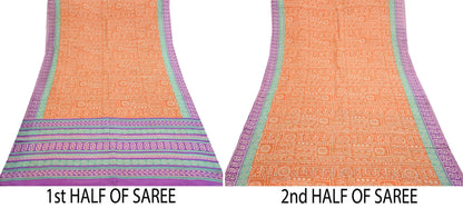 Indian Vintage Sari Orange & Purple Pure Silk warli Printed Saree 5yd Sewing Paisley Craft Fabric DressMaking Soft Used Upcycled