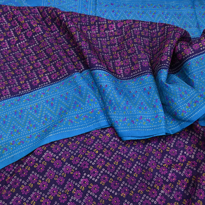 Indian Vintage Sari Blue Pure Silk Bandhani Printed Sarees Fabric 6yd Floral Sewing Traditional Culture Sari Ethnic Fabric