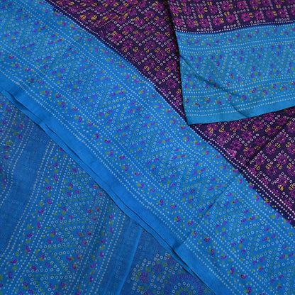 Indian Vintage Sari Blue Pure Silk Bandhani Printed Sarees Fabric 6yd Floral Sewing Traditional Culture Sari Ethnic Fabric