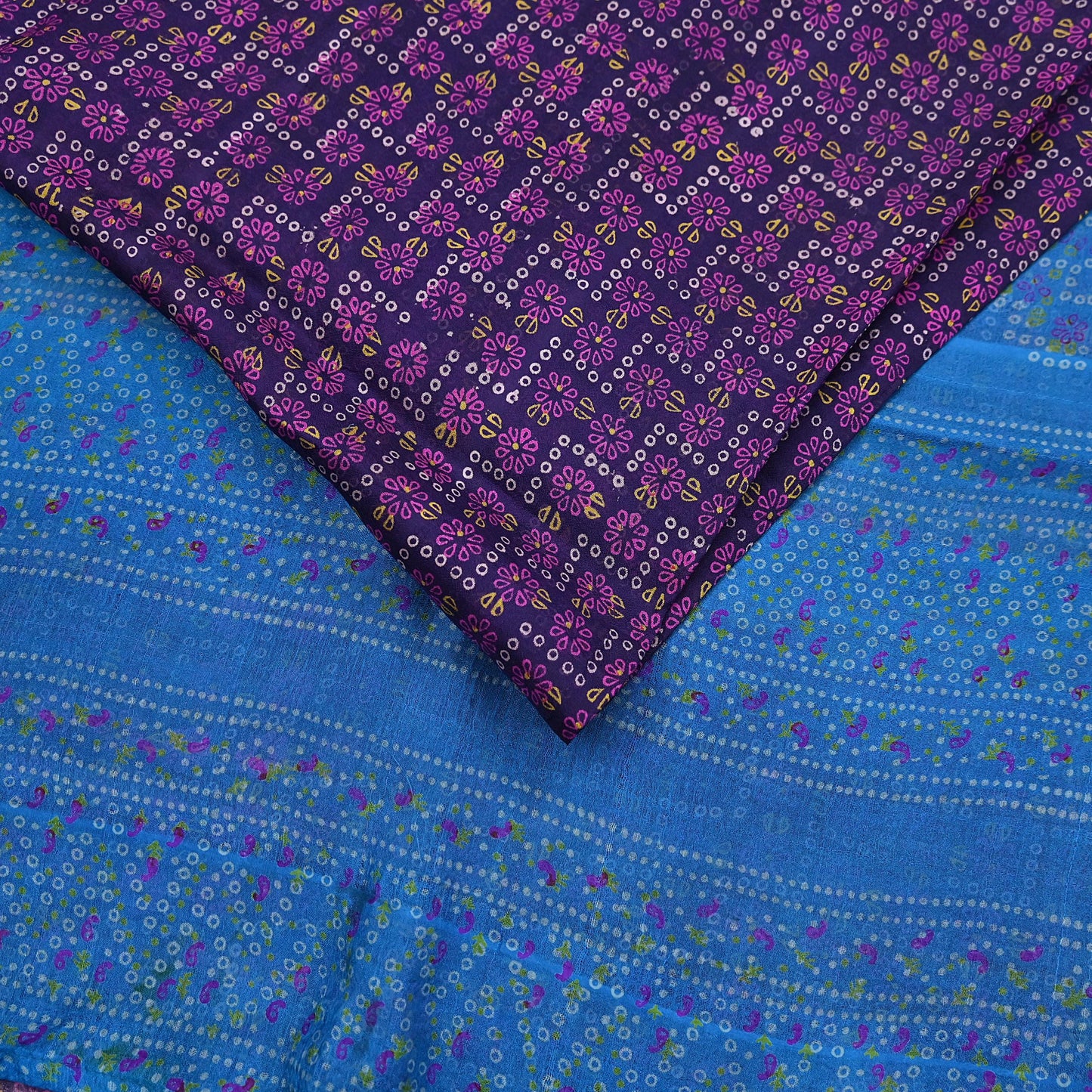 Indian Vintage Sari Blue Pure Silk Bandhani Printed Sarees Fabric 6yd Floral Sewing Traditional Culture Sari Ethnic Fabric
