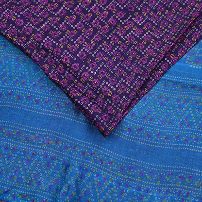 Indian Vintage Sari Blue Pure Silk Bandhani Printed Sarees Fabric 6yd Floral Sewing Traditional Culture Sari Ethnic Fabric