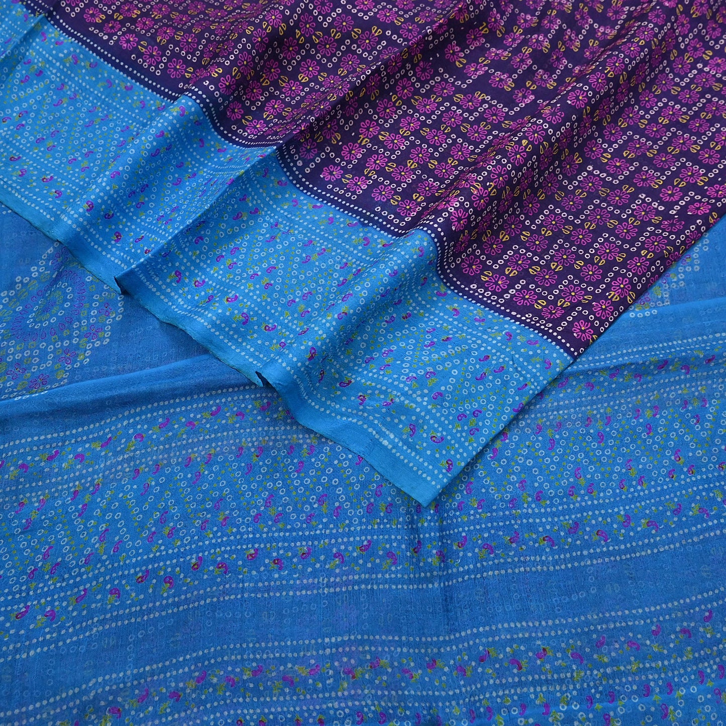 Indian Vintage Sari Blue Pure Silk Bandhani Printed Sarees Fabric 6yd Floral Sewing Traditional Culture Sari Ethnic Fabric