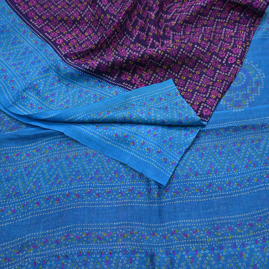 Indian Vintage Sari Blue Pure Silk Bandhani Printed Sarees Fabric 6yd Floral Sewing Traditional Culture Sari Ethnic Fabric