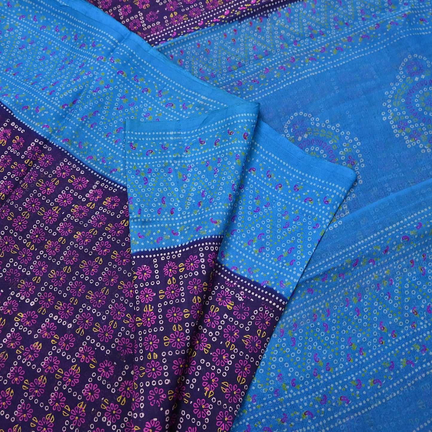 Indian Vintage Sari Blue Pure Silk Bandhani Printed Sarees Fabric 6yd Floral Sewing Traditional Culture Sari Ethnic Fabric