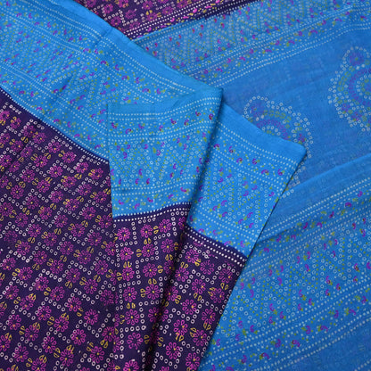 Indian Vintage Sari Blue Pure Silk Bandhani Printed Sarees Fabric 6yd Floral Sewing Traditional Culture Sari Ethnic Fabric