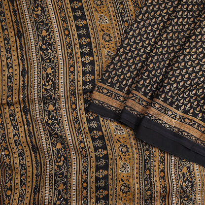Indian Vintage Sari Black Printed Pure Silk Sarees Craft Fabric 6yd Sewing Floral Soft Dress Designing  for Crafting Quilting Upcycle Wrap