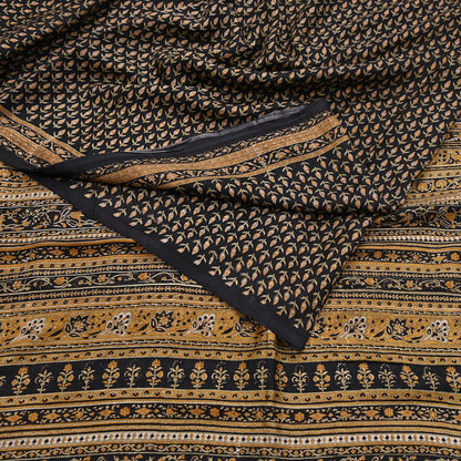 Indian Vintage Sari Black Printed Pure Silk Sarees Craft Fabric 6yd Sewing Floral Soft Dress Designing  for Crafting Quilting Upcycle Wrap