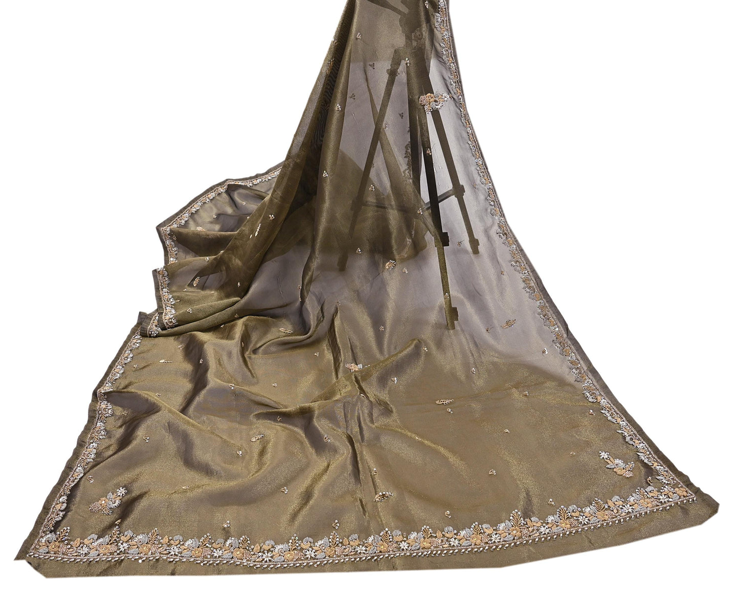Indian Vintage Heavy Dupatta Golden Black Tissue Silk Long Stole Hand Embroidered Hijab Scarves Zari Zardozi/Dabka Wedding Hijab Veil