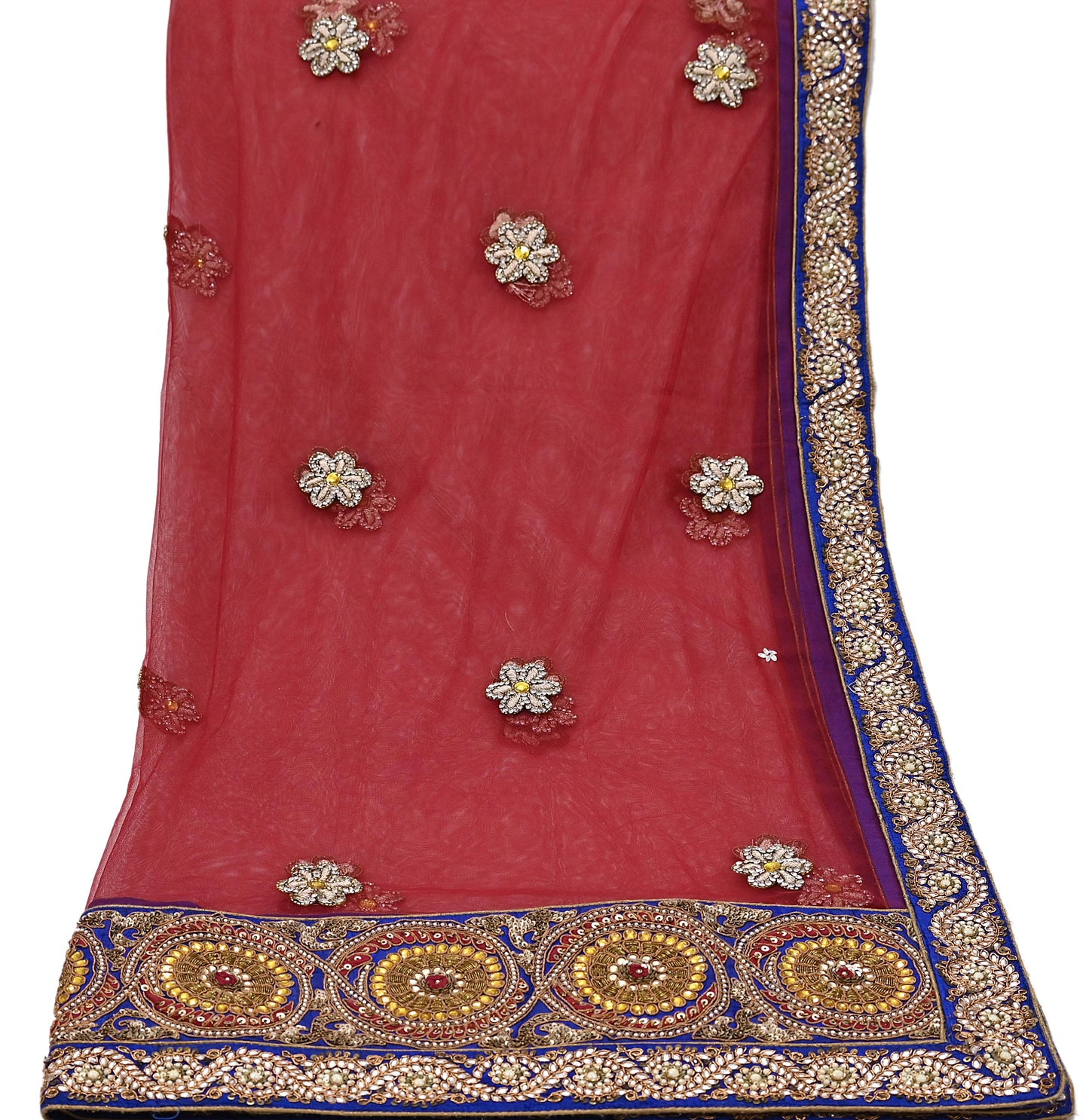 Indian Vintage Heavy Wedding Red Dupatta Net Mesh Long Stole Hand Embroidered Scarves Golden Zardozi Dabka Zari Stole