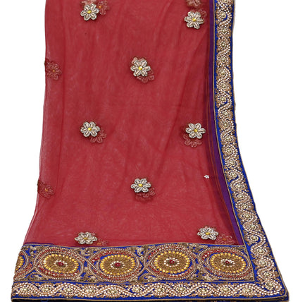 Indian Vintage Heavy Wedding Red Dupatta Net Mesh Long Stole Hand Embroidered Scarves Golden Zardozi Dabka Zari Stole