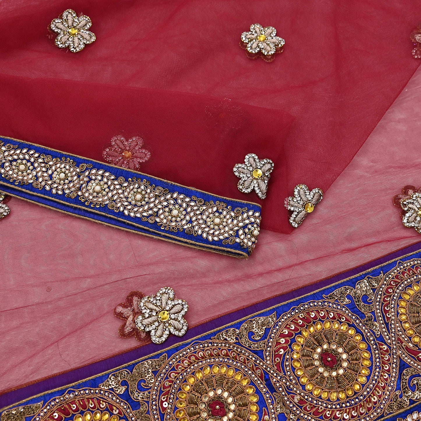 Indian Vintage Heavy Wedding Red Dupatta Net Mesh Long Stole Hand Embroidered Scarves Golden Zardozi Dabka Zari Stole