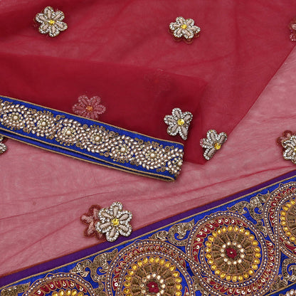 Indian Vintage Heavy Wedding Red Dupatta Net Mesh Long Stole Hand Embroidered Scarves Golden Zardozi Dabka Zari Stole