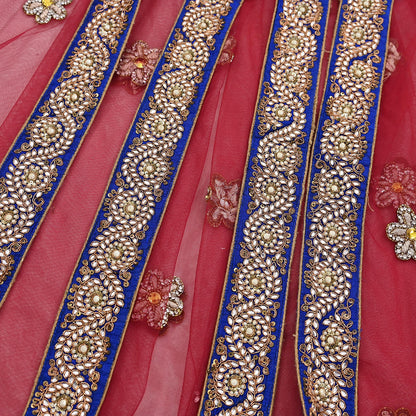 Indian Vintage Heavy Wedding Red Dupatta Net Mesh Long Stole Hand Embroidered Scarves Golden Zardozi Dabka Zari Stole