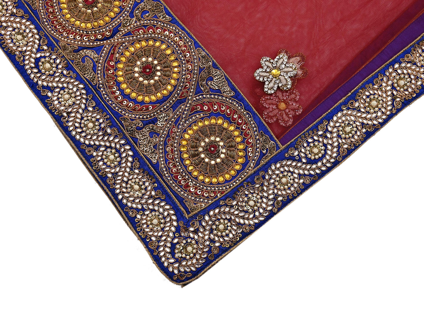 Indian Vintage Heavy Wedding Red Dupatta Net Mesh Long Stole Hand Embroidered Scarves Golden Zardozi Dabka Zari Stole