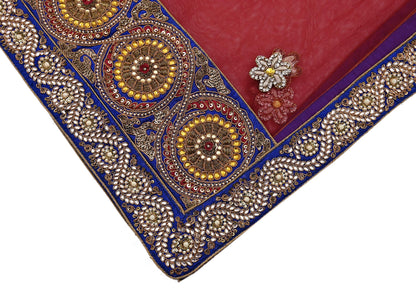Indian Vintage Heavy Wedding Red Dupatta Net Mesh Long Stole Hand Embroidered Scarves Golden Zardozi Dabka Zari Stole