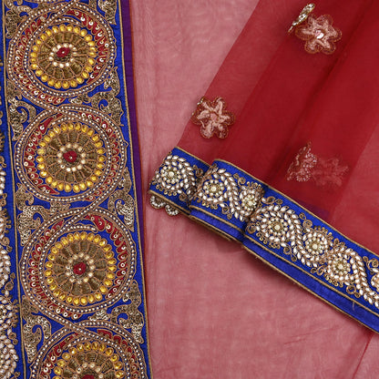 Indian Vintage Heavy Wedding Red Dupatta Net Mesh Long Stole Hand Embroidered Scarves Golden Zardozi Dabka Zari Stole