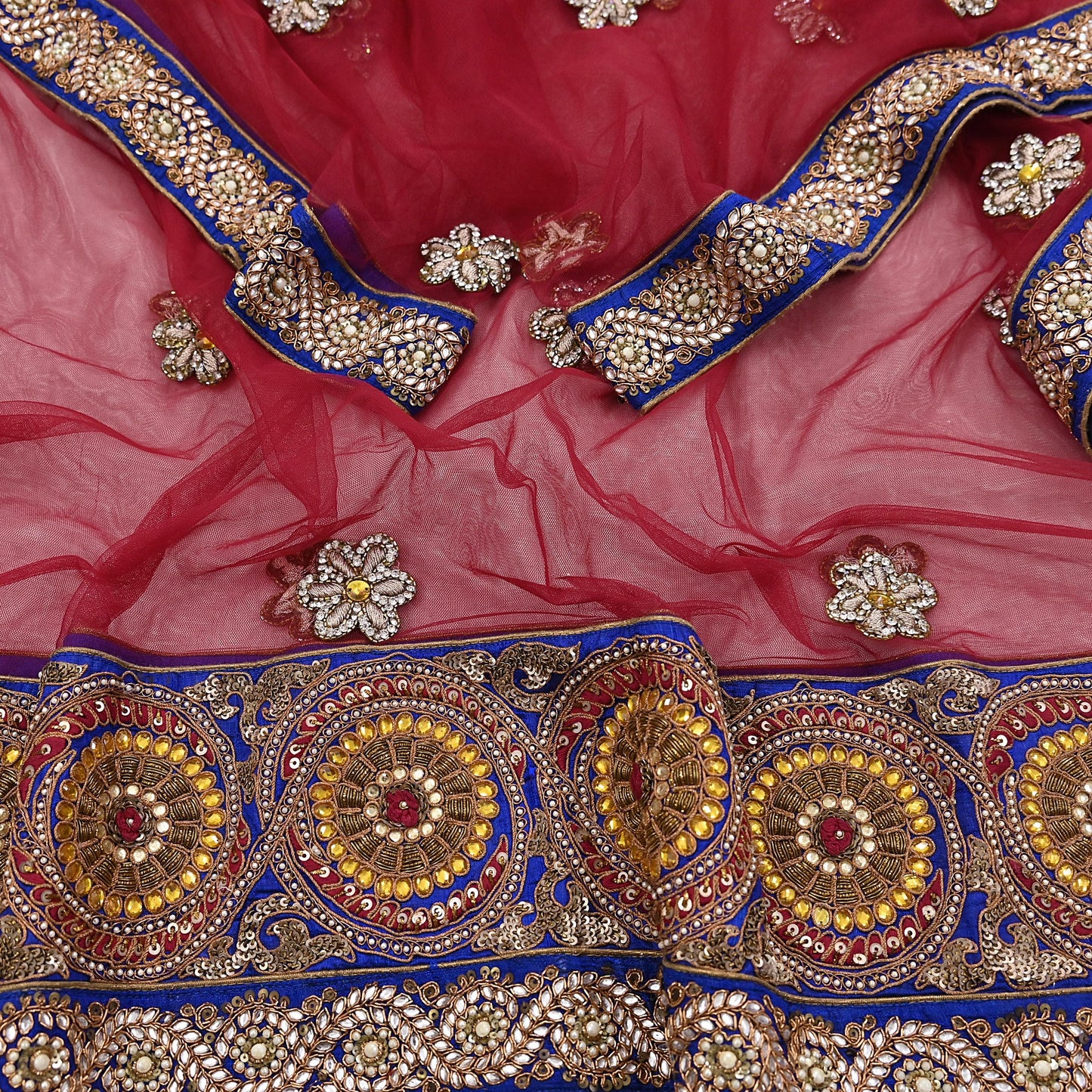 Indian Vintage Heavy Wedding Red Dupatta Net Mesh Long Stole Hand Embroidered Scarves Golden Zardozi Dabka Zari Stole