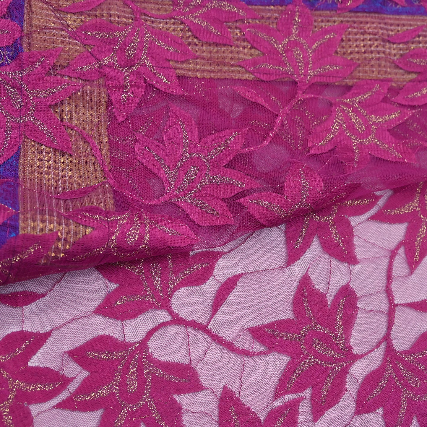 Indian Vintage Purple Saree Net/Mesh Embroidered Sari Fabric 6Yd Sewing Soft Golden Sequins Floral Dress Making Crafting