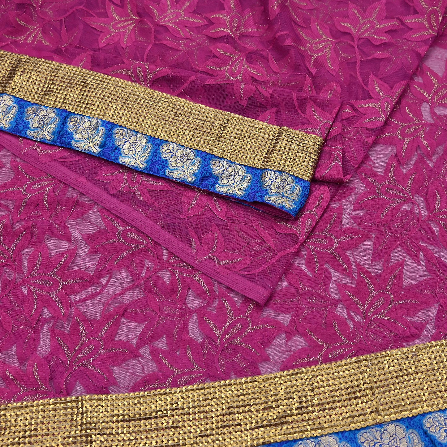 Indian Vintage Purple Saree Net/Mesh Embroidered Sari Fabric 6Yd Sewing Soft Golden Sequins Floral Dress Making Crafting