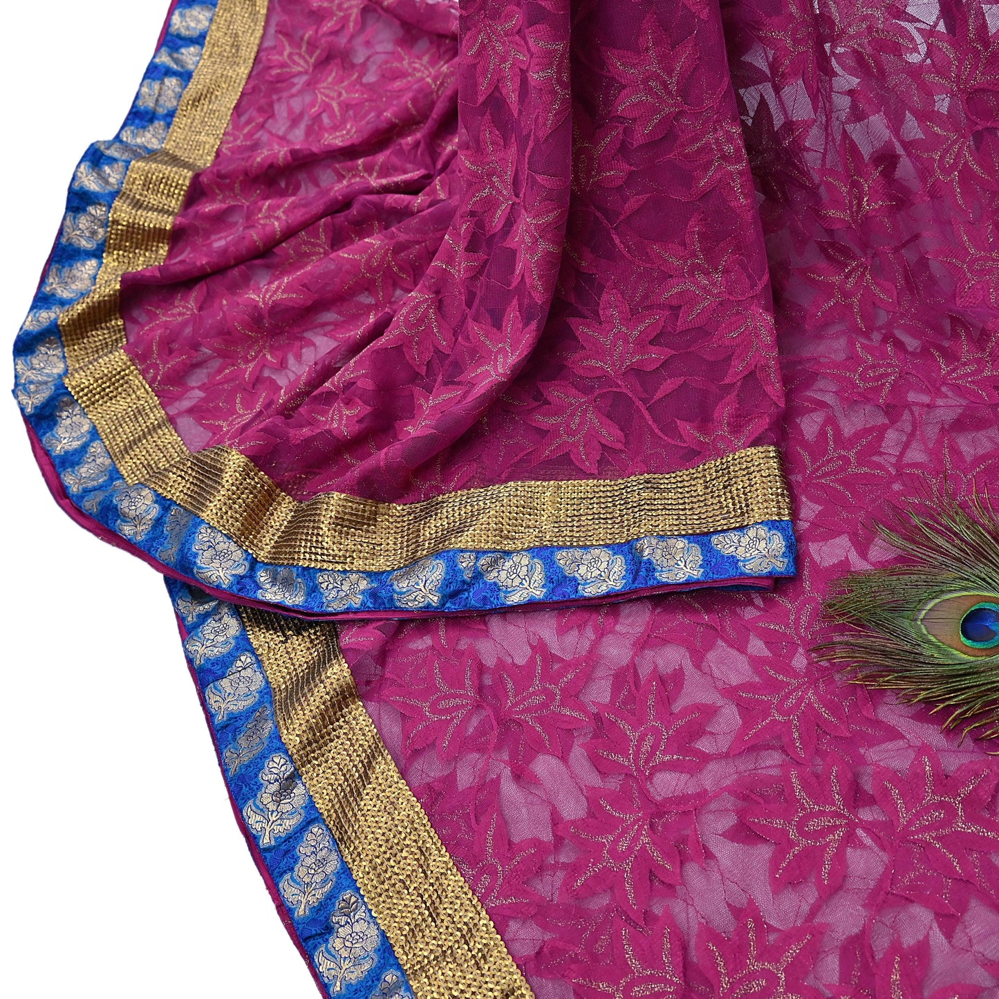 Indian Vintage Purple Saree Net/Mesh Embroidered Sari Fabric 6Yd Sewing Soft Golden Sequins Floral Dress Making Crafting