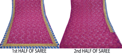 Indian Vintage Purple Saree Net/Mesh Embroidered Sari Fabric 6Yd Sewing Soft Golden Sequins Floral Dress Making Crafting