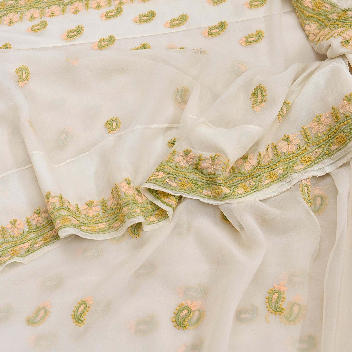 Indian Vintage Sari White Georgette Hand Embroidered Chikankari Saree Craft Fabric 5yd Soft Sequins Dress Making Upcycle Quilting