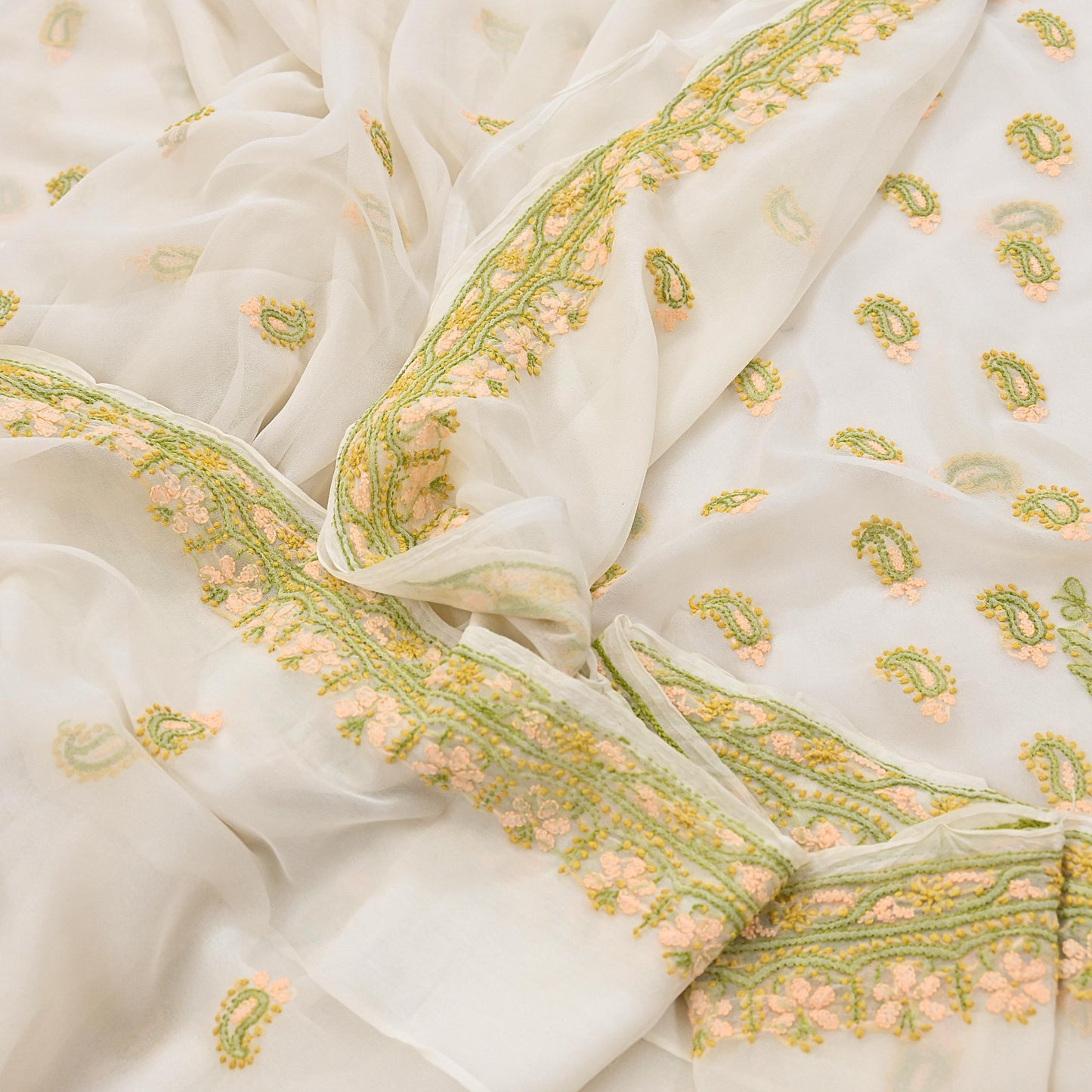 Indian Vintage Sari White Georgette Hand Embroidered Chikankari Saree Craft Fabric 5yd Soft Sequins Dress Making Upcycle Quilting