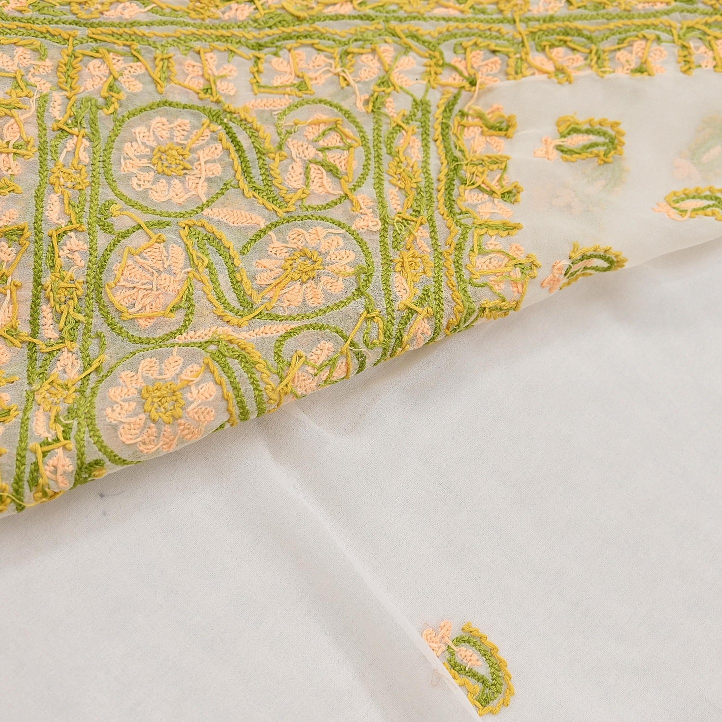 Indian Vintage Sari White Georgette Hand Embroidered Chikankari Saree Craft Fabric 5yd Soft Sequins Dress Making Upcycle Quilting
