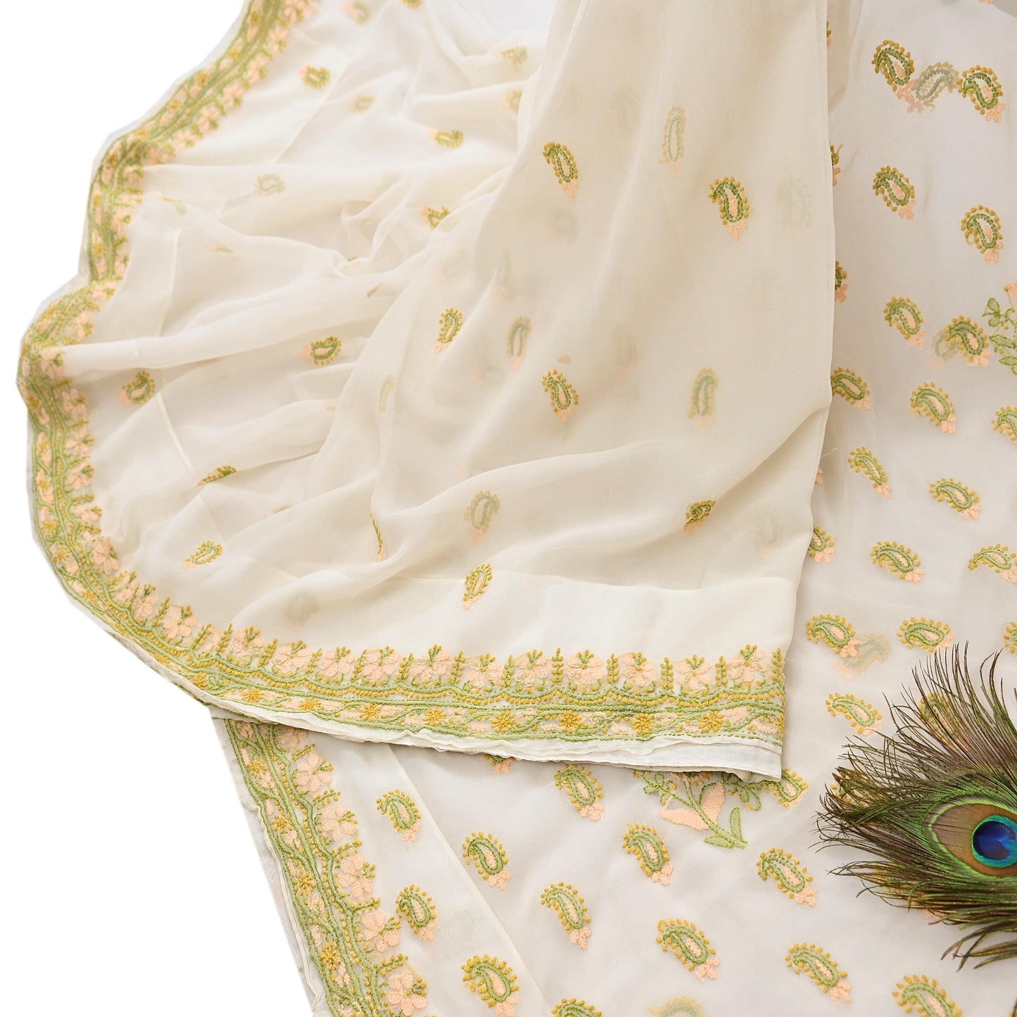 Indian Vintage Sari White Georgette Hand Embroidered Chikankari Saree Craft Fabric 5yd Soft Sequins Dress Making Upcycle Quilting