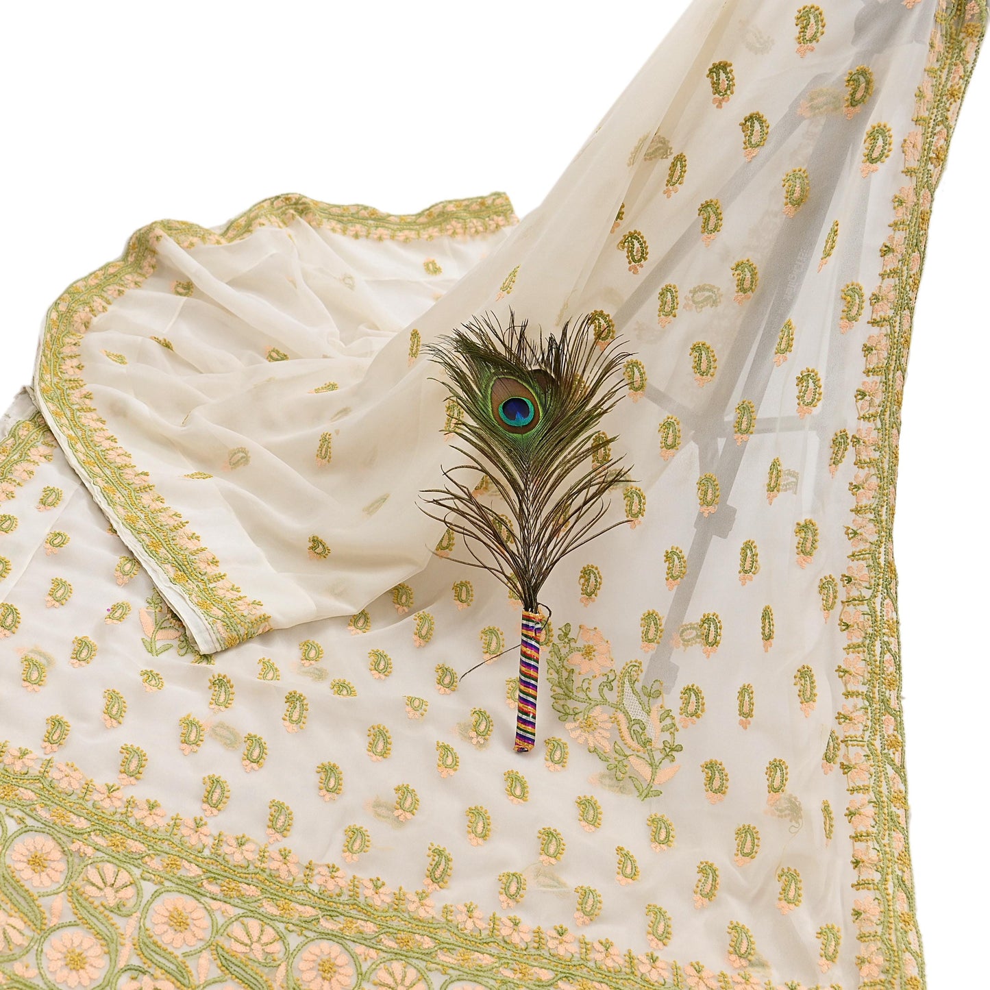 Indian Vintage Sari White Georgette Hand Embroidered Chikankari Saree Craft Fabric 5yd Soft Sequins Dress Making Upcycle Quilting