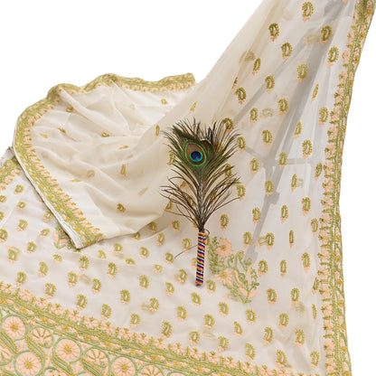 Indian Vintage Sari White Georgette Hand Embroidered Chikankari Saree Craft Fabric 5yd Soft Sequins Dress Making Upcycle Quilting