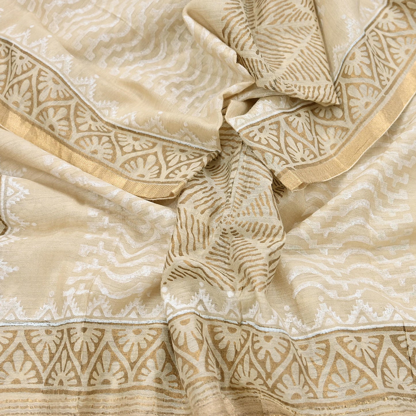 Indian Vintage Ivory Dupatta Long Stole 100% Pure Chanderi Silk Handloom Painted Scarves Veil Scarf Wrap Hippie Fringes