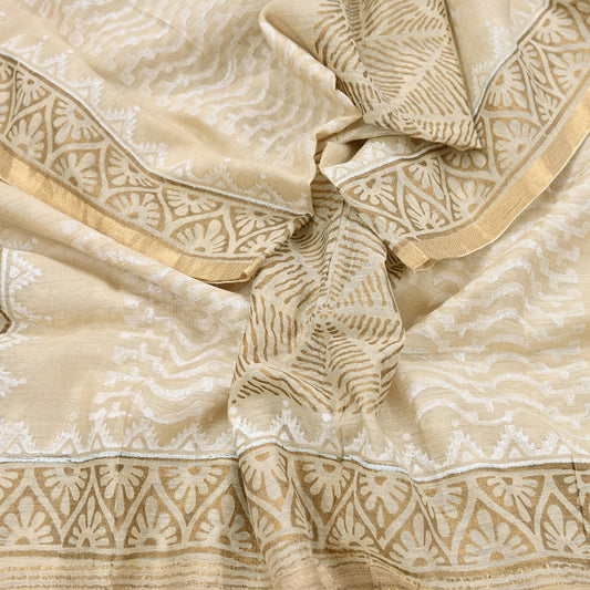 Indian Vintage Ivory Dupatta Long Stole 100% Pure Chanderi Silk Handloom Painted Scarves Veil Scarf Wrap Hippie Fringes