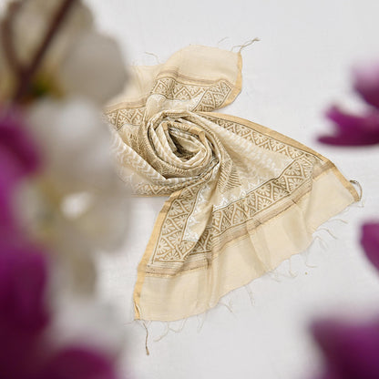 Indian Vintage Ivory Dupatta Long Stole 100% Pure Chanderi Silk Handloom Painted Scarves Veil Scarf Wrap Hippie Fringes