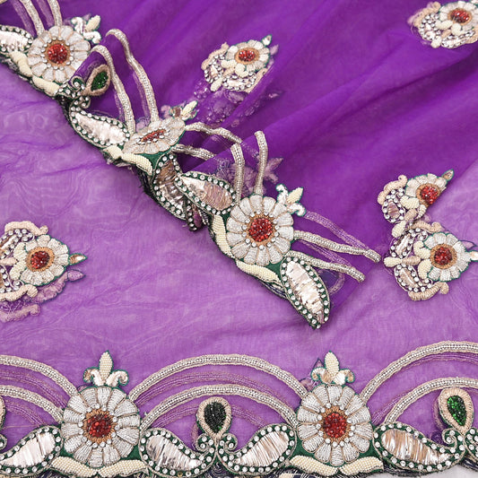 Indian Vintage Heavy Purple Dupatta Net Mesh Long Stole Hand Embroidered Scarf Purple Zardozi Zari Sequins Wedding Veil Hijab