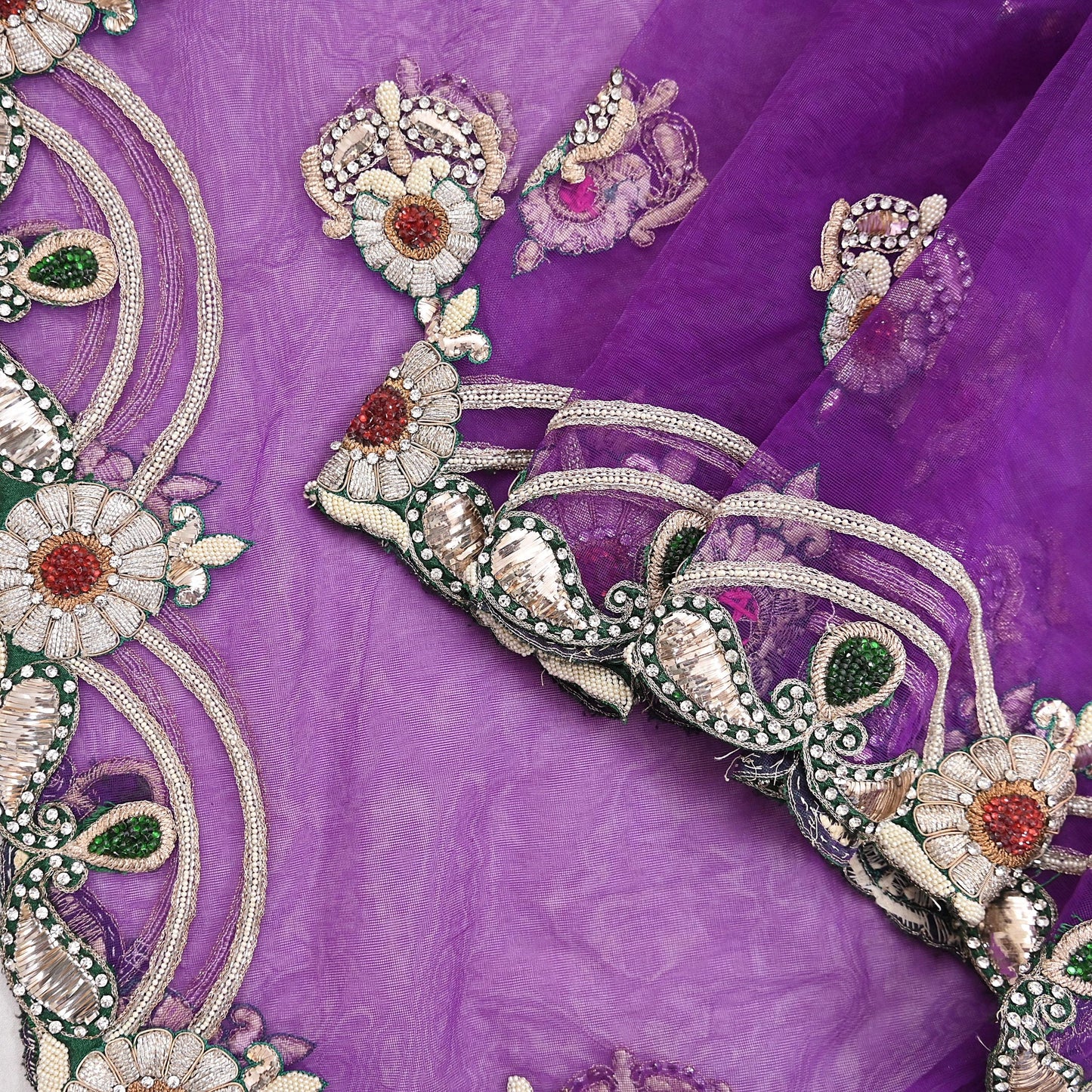 Indian Vintage Heavy Purple Dupatta Net Mesh Long Stole Hand Embroidered Scarf Purple Zardozi Zari Sequins Wedding Veil Hijab