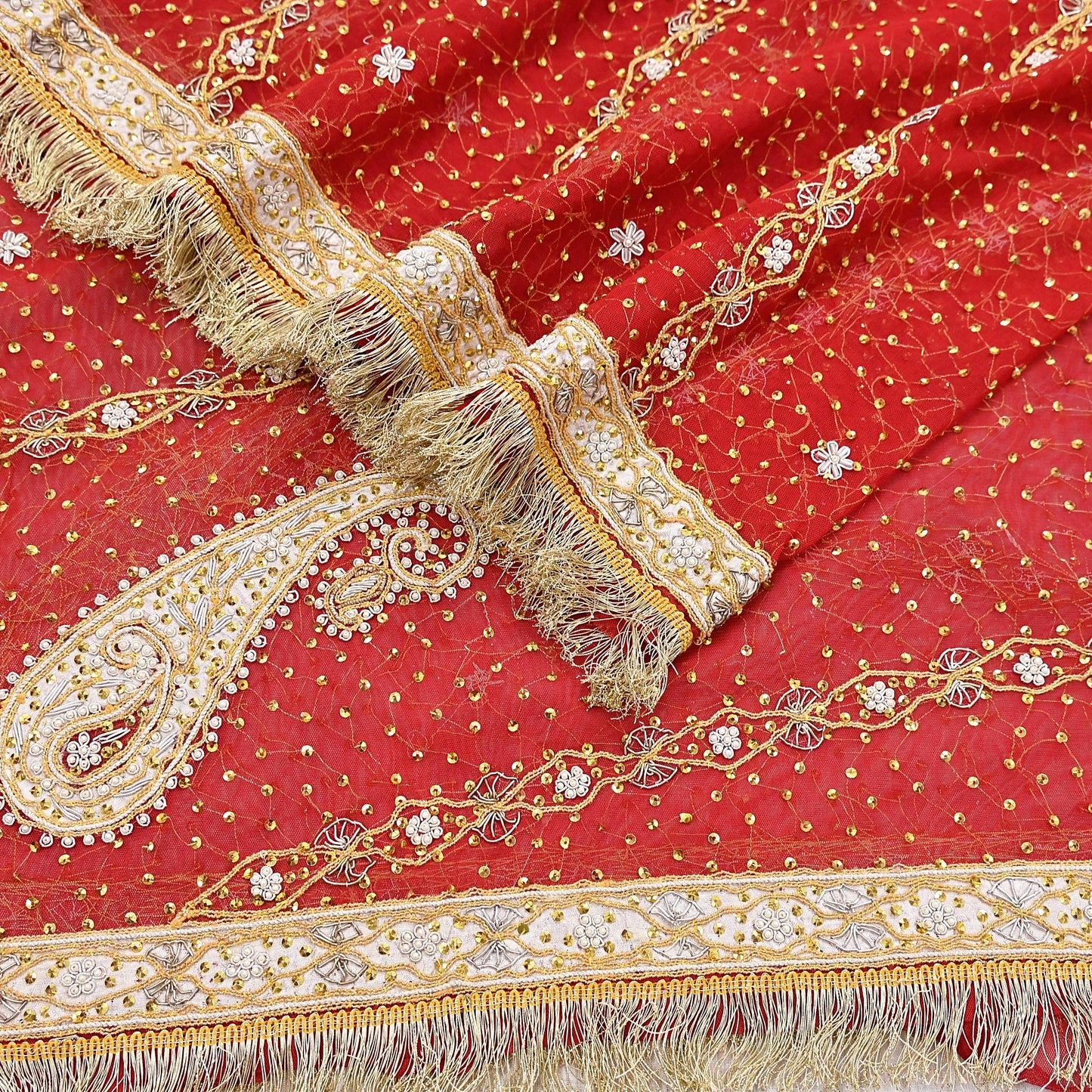 Indian Vintage Heavy Luxury Bridal Red Dupatta Net Mesh Long Stole Hand Embroidered Scarves Zardozi Dabka Wedding dupatta veil hijab