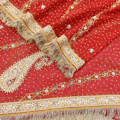 Indian Vintage Heavy Luxury Bridal Red Dupatta Net Mesh Long Stole Hand Embroidered Scarves Zardozi Dabka Wedding dupatta veil hijab